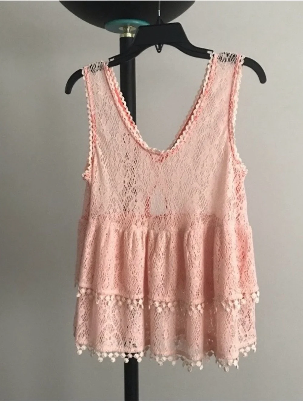 Free People Lace Babydoll Tank Pom Pom Trim Boho Festival Top Pastel Peach